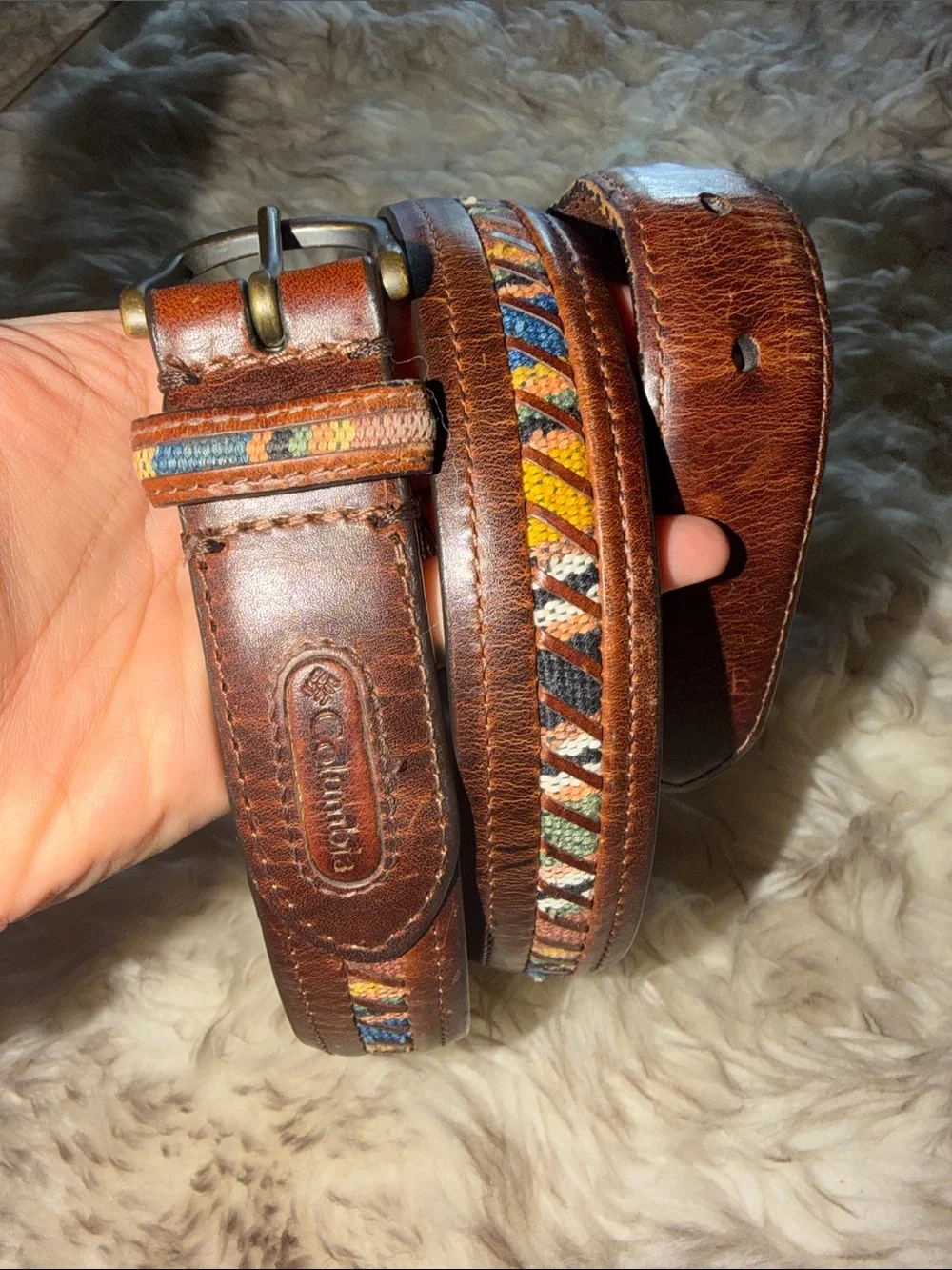 Vintage Columbia oil Brown Leather native Woven Accents golf 38 belt western